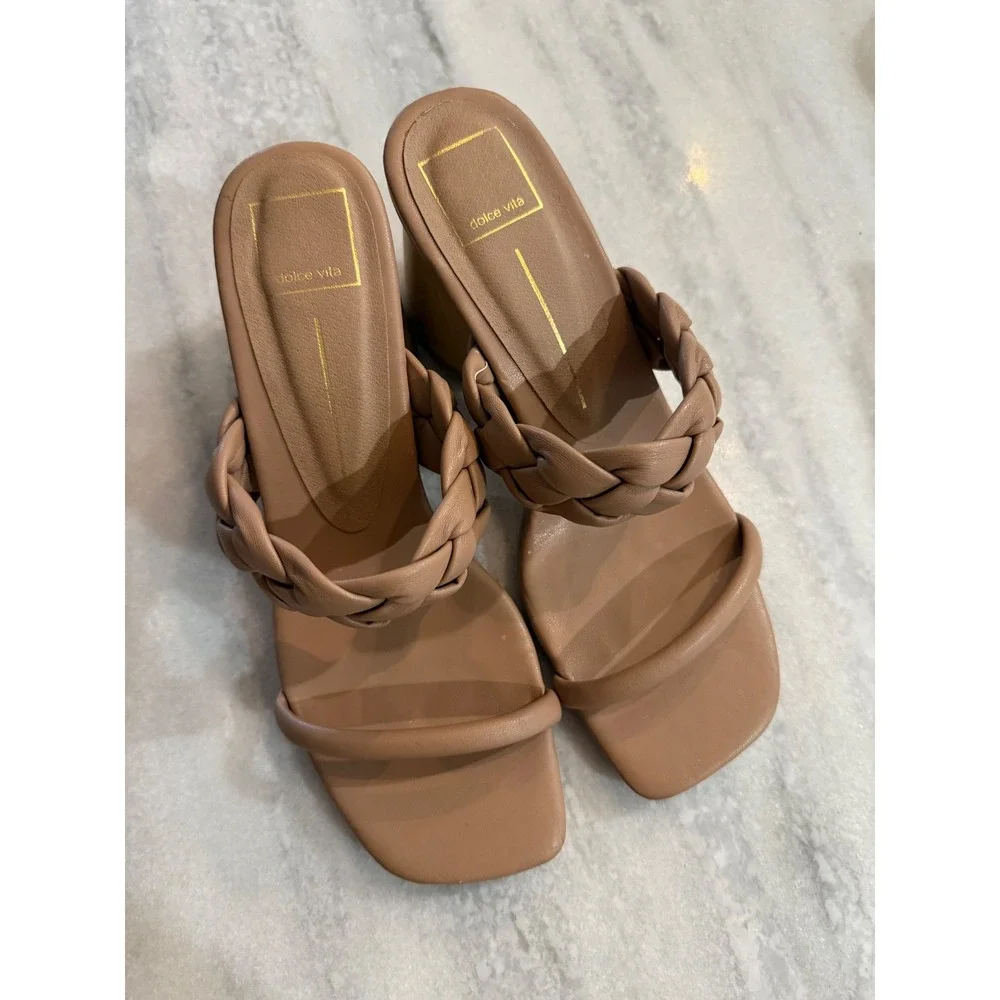 Dolce Vita Paily Braided‎ Block Heel Sandals Tan Nude Square Toe Mule Size 9